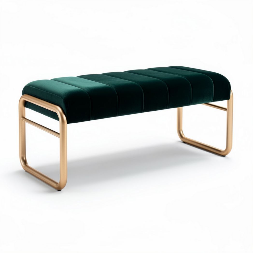 Banco de terciopelo verde con estructura metálica dorada 115 x 40 x 45cm