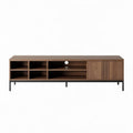 mueble de televisión de madera en color nogal 150 x 40 x 50cm con estantes abiertos y puerta закрывающегося