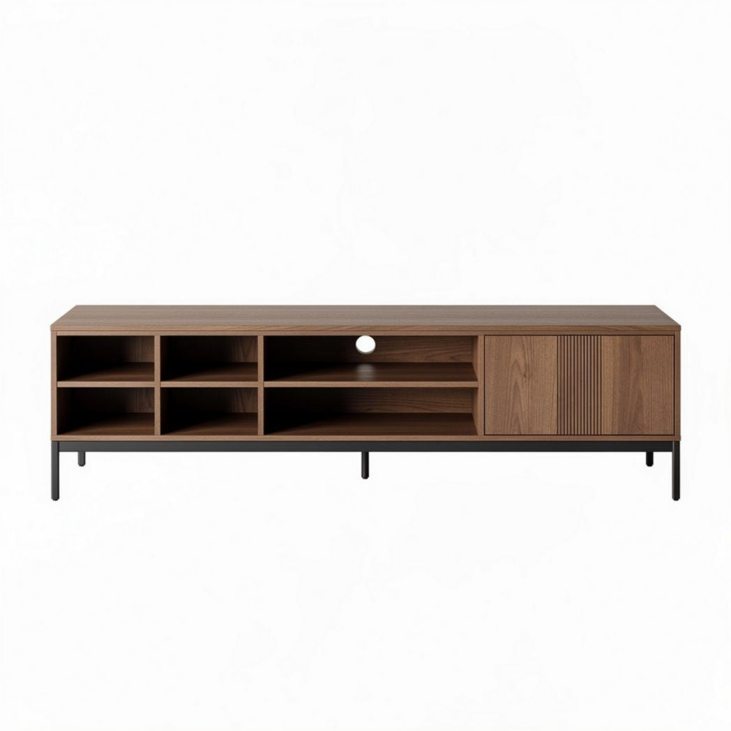 mueble de televisión de madera en color nogal 150 x 40 x 50cm con estantes abiertos y puerta закрывающегося