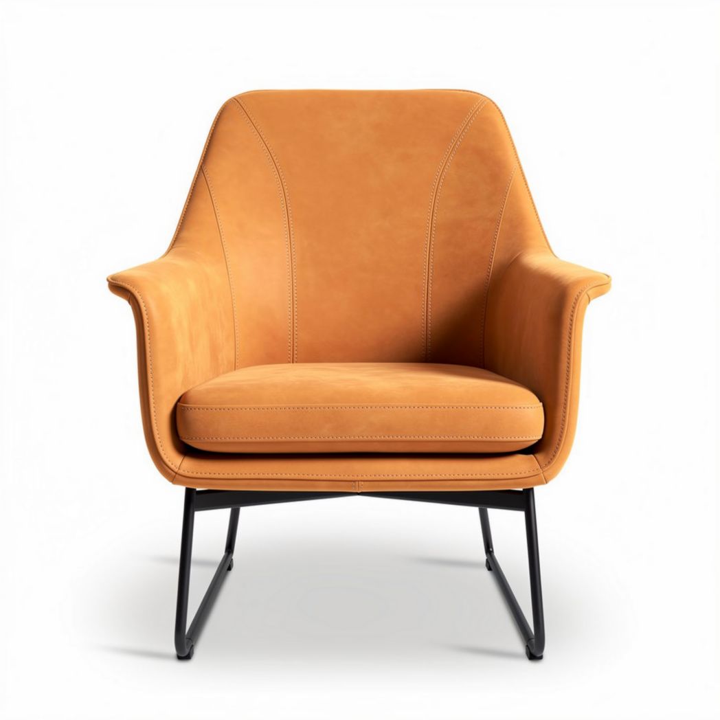 Sillón moderno de cuero naranja con estructura metálica 70 x 70 x 80cm