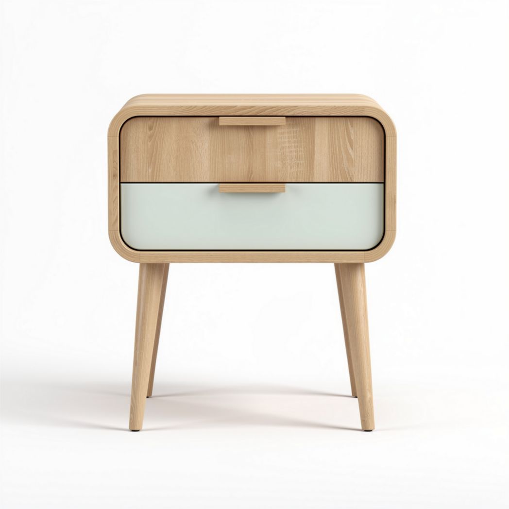 Mesita de noche de madera natural con frente de color verde y dimensiones 40 x 30 x 50cm