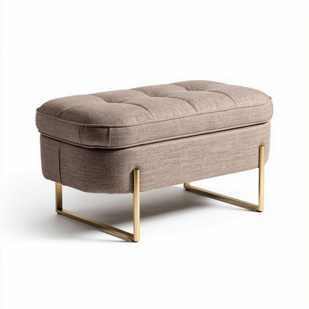 Banco tapizado en tela beige con patas metálicas doradas 90 x 45 x 40cm