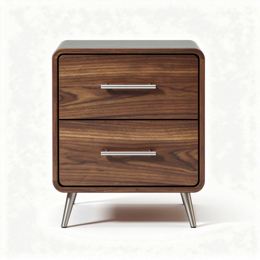 Mesa de noche de madera de nogal con dos cajones y patas metálicas 40 x 40 x 50cm