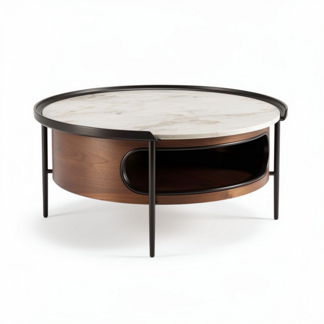 Mesa de centro redonda de madera y mármol 80 x 80 x 40cm con almacenamiento inferior